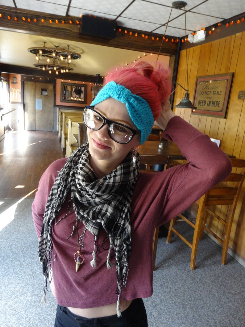 Crocheted Blue Knotted Headband Earwarmer