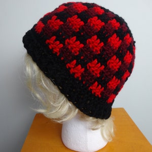 Plaid Beanie Hat Red Black Claret 