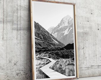 New Zealand Print, Black & White Photography Print - Mt Cook Boardwalk II - Black and White Print, Mountain Print, Monochrome Print, Mt Cook