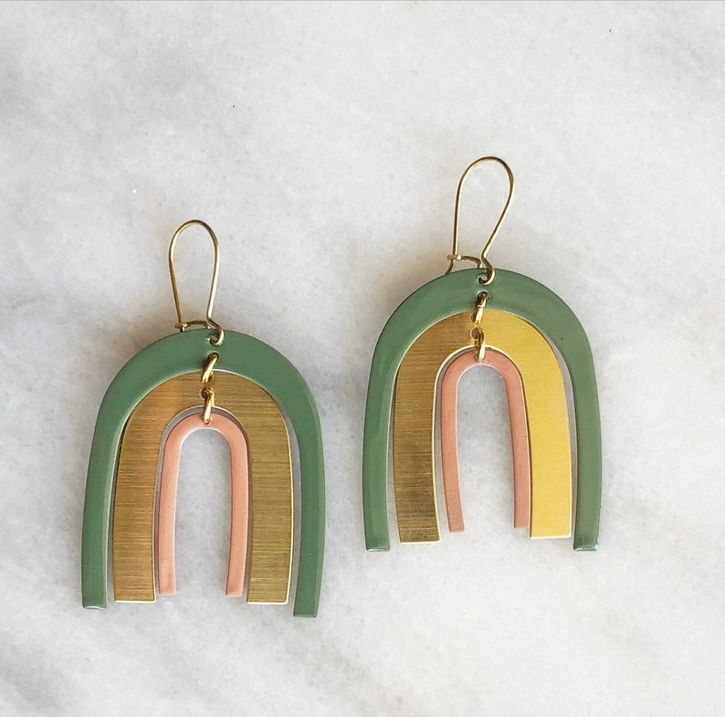 The Ellanore Muted Moss Green, Sandy Peach and Brass Rainbow Earrings image 1