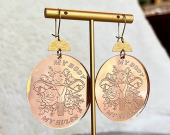 My Body My Rules Uterus | Rose Gold Mirrored Acrylic Dangle Earrings