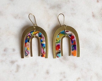 The Ellanore Earrings ••• Brass + Multi Color Acetate Rainbow Earrings