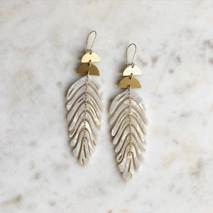 The Nicks Earring ••• Brass + Pearl White Acetate Leaf Earrings