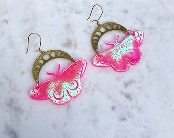 Mystical Butterfly Earrings | Floral | Moon | Celestial | Hot Pink Iridescent Laser Cut Earrings