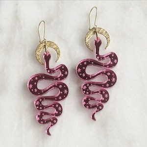 The Serpentine Drop Earrings ••• Pink Mirrored Acetate Laser Cut Snake with Gold Moon Earrings