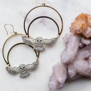 Magical Owl | Brass Moon | Laser Cut |  Dangle | Earrings