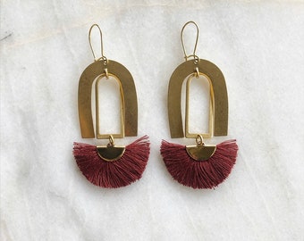 The Jo Brass + Tassel Earrings in Burgundy