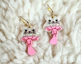 Walentynki | Galentines | Cięcie laserowe | Grzyb | Kotek | Wiszące | Kolczyki kółka