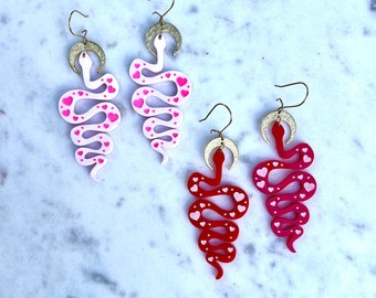 The Serpentine Drop Earrings ••• Valentines Edition Laser Cut Heart Snake Earrings