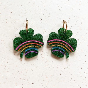 Lucky Charms Clover Earrings Green Giltter 4 leaf clovers with rainbows Hoop Earrings image 1