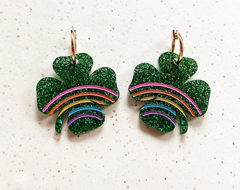Lucky Charms Clover Earrings ••• Green Giltter 4 leaf clovers with rainbows Hoop Earrings
