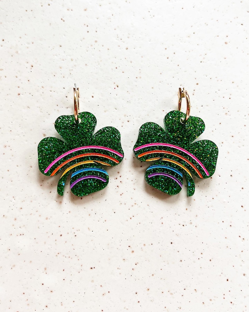 Lucky Charms Clover Earrings Green Giltter 4 leaf clovers with rainbows Hoop Earrings image 1