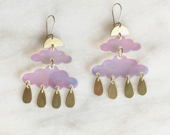 Cloud Earrings with Brass | Laser Cut Earrings in Rainbow Iridescent