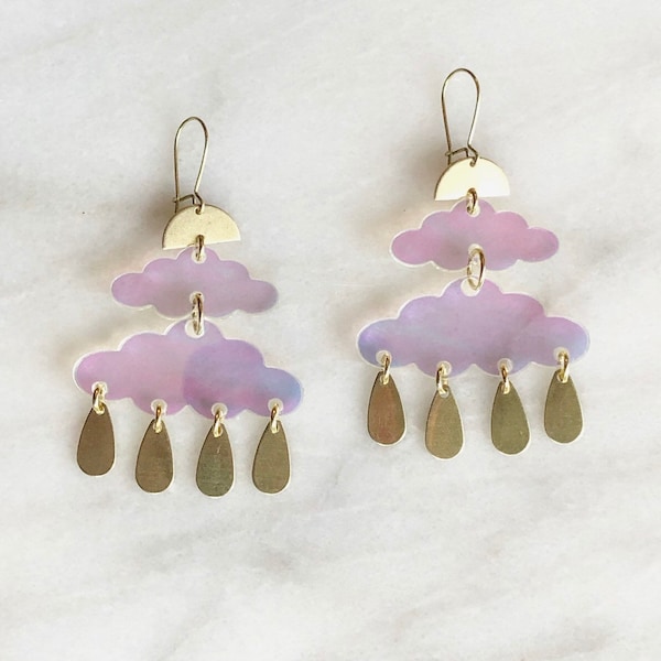 Cloud Earrings with Brass | Laser Cut Earrings in Rainbow Iridescent