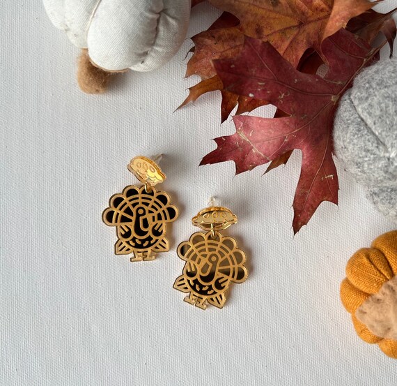 Festive Thanksgiving Fall Earrings Gold Mirrored Acetate Laser Cut