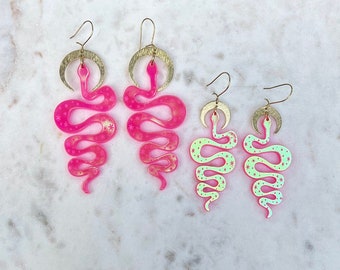 The Serpentine Drop Earrings ••• Pink Based Iridescent Laser Cut Snake Earrings in Large and Small