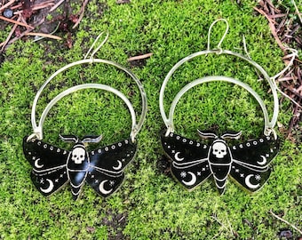 The Death Moth Drop Earrings ••• Black Acetate Laser Cut Moth with Gold Moon Earrings