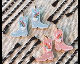 Rainbow | Cowboy Boots | Country Western | PRIDE | Laser Cut | Dangle | Hoop | Earrings