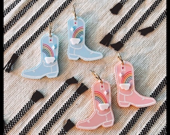 Tęcza | Kowbojskie buty | Country Western | PRIDE | Cięcie laserowe | Wiszące | Kolczyki w kształcie koła