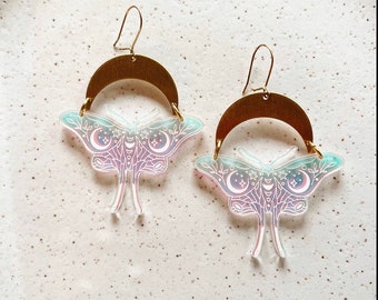 Mystical Luna Moth Earrings | Floral | Moon | Celestial | Iridescent Laser Cut Earrings