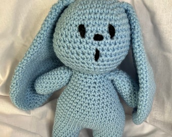 Blue bunny rabbit with large ears crocheted plush toy