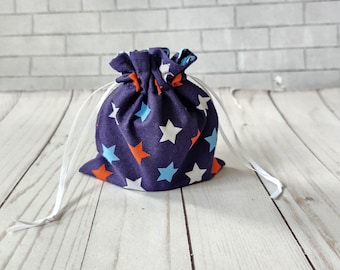 small navy stars fabric gift bag, reusable drawstring bag, pin trading pouch, makeup bag, cloth lined bag, gift bag, reusable gift wrap