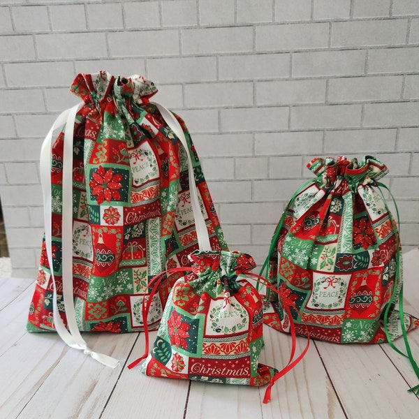 holiday red green fabric gift bag, reusable drawstring bag, gift bag for all occasions, makeup bag, cloth lined bag, reusable gift wrap