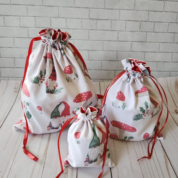 Gnomes Mushrooms fabric gift bag, reusable drawstring bag, gift pouch, makeup bag, cloth lined bag, gift bag, reusable gift wrap, pouch