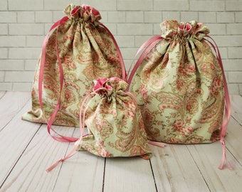 floral paisley fabric gift bag, reusable drawstring bag, gift giving, makeup bag, cloth lined bag, reusable gift wrap