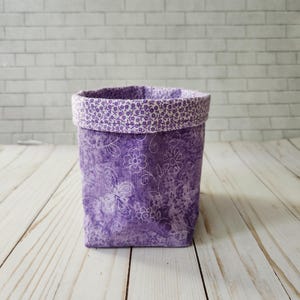 Purple Floral Fabric Handmade Reversible Basket, Storage Bin, Organizer, Desktop Organizer, Potted Plant Holder, Gift Basket, Snack Basket