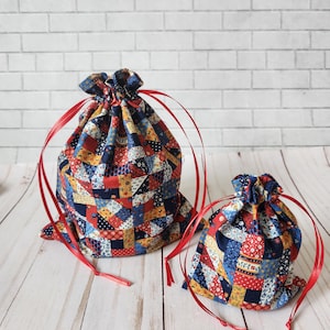 Patchwork fabric gift bag, reusable drawstring bag, gift bag for all occasions, makeup bag, gift pouch, reusable gift wrap, travel pouch