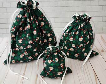 Holiday Santa fabric gift bag, reusable drawstring bag, gift bag for all occasions, makeup bag, reusable gift wrap, Christmas gift bag