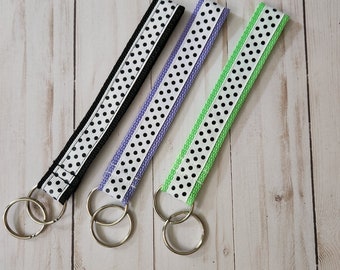polka dot ribbon keyfob, keychain, wristlet keychain accessory, purple, green, black, stocking stuffer