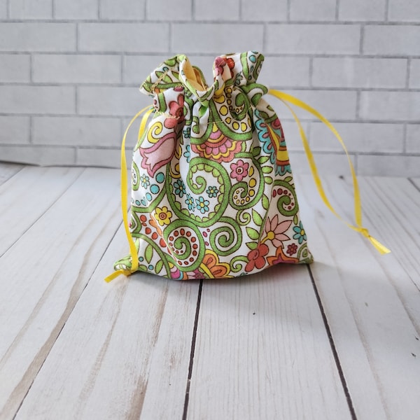 small colorful paisley fabric gift bag, reusable drawstring bag, pouch, makeup bag, cloth lined bag, gift bag, reusable gift wrap