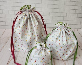 Christmas lights fabric gift bag, reusable drawstring bag, gift pouch, makeup bag, cloth lined bag, gift bag, reusable gift wrap, pouch