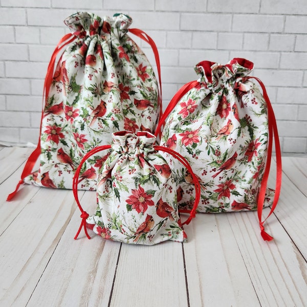 cardinal holiday fabric gift bag, reusable drawstring bag, gift giving, makeup bag, cloth lined bag, reusable gift wrap