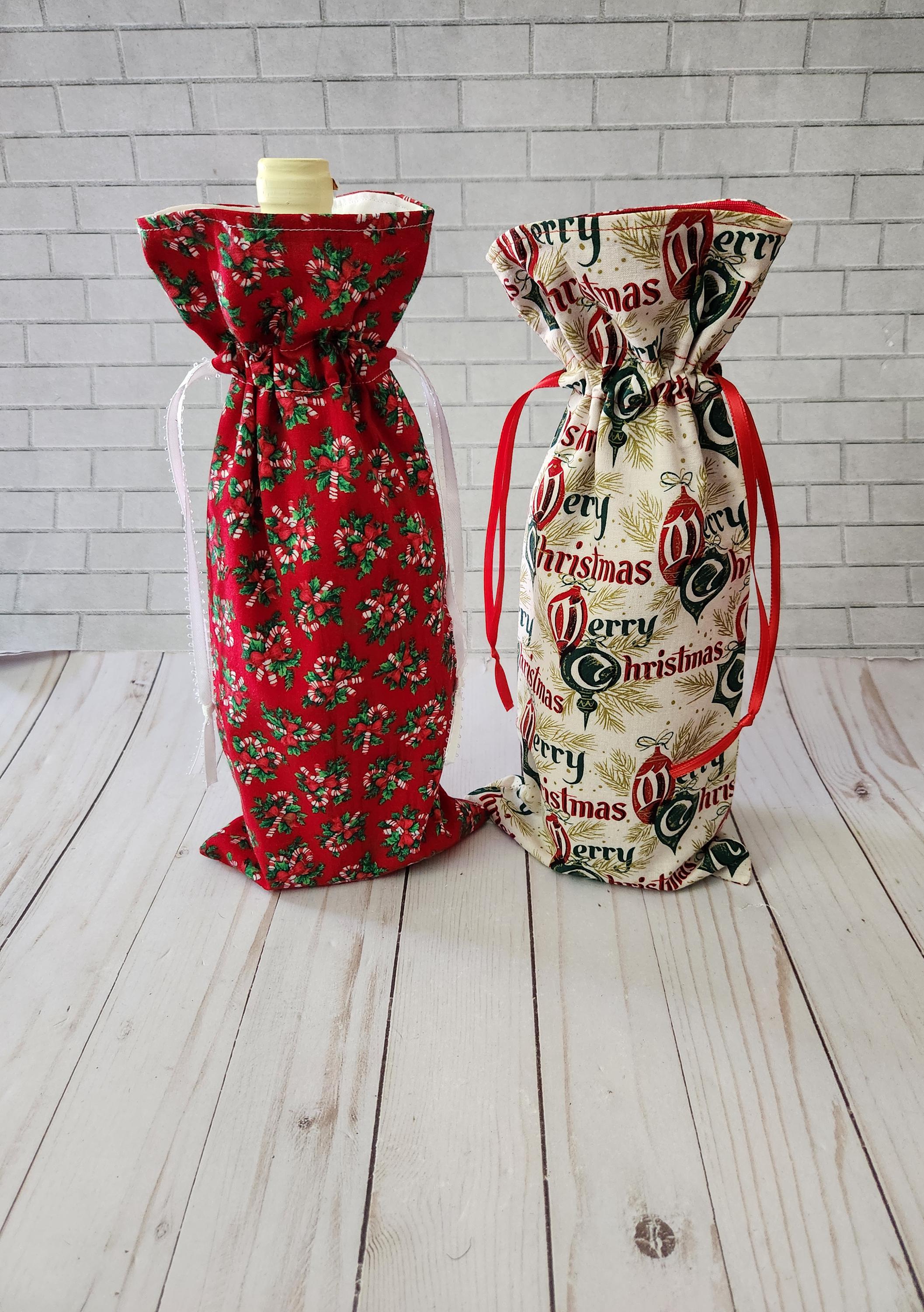 Merry Christmas Candy Cane Fabric Wine Bag, Reusable Drawstring