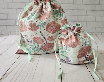 pink purple floral fabric gift bag, reusable drawstring bag, gift bag for all occasions, makeup bag, cloth lined bag, reusable gift wrap