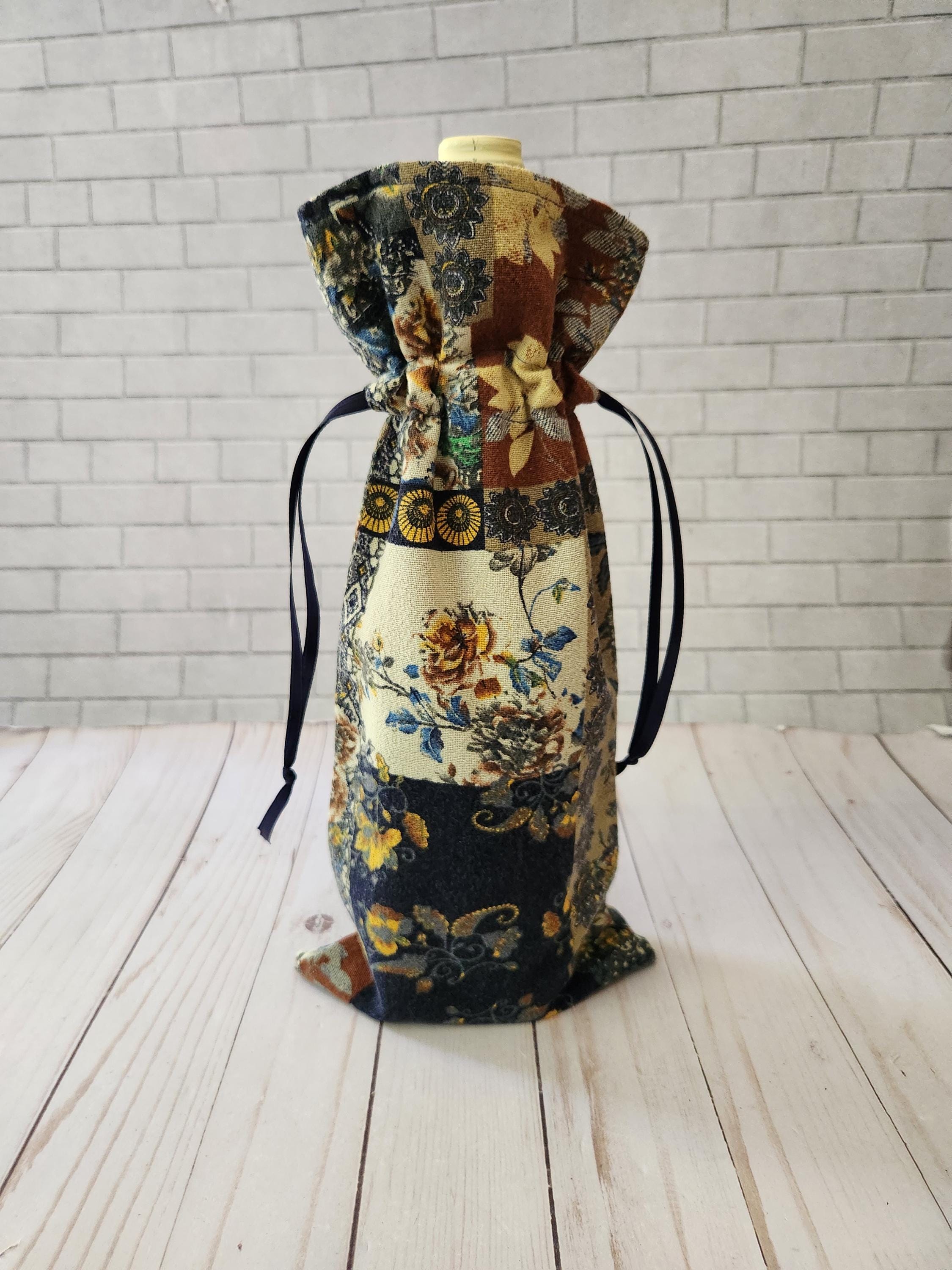 Blue patchwork fabric wine bag, reusable drawstring bag, hostess gift, gift bag for all occasions, cloth lined bag, reusable gift wrap
