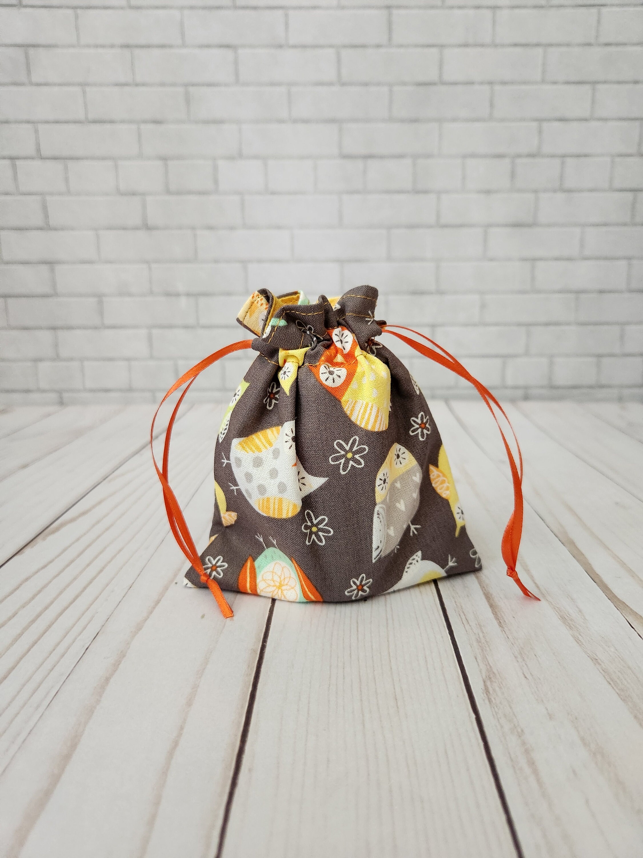 small owl fabric gift bag, reusable drawstring bag, pin trading pouch, makeup bag, cloth lined bag, 