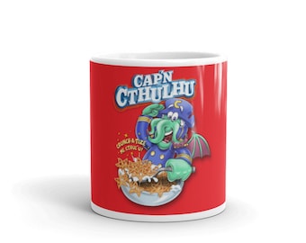 Cap’n Cthulhu Cereal Artwork White glossy mug
