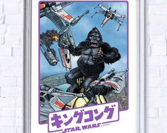 King Kong versus Star Wars Rebellion Movie Mix Up poster. The great King Kong versus the Rebellion led by Luke Skywalker Star Wars poster