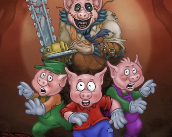 Three Little Pigs and Texas Chainsaw Massacre Mash Up Artwork on Canvas. One of a kind, signed by the artist.