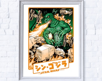 Godzilla versus Star Wars Movie Mix Up poster. The great Kaiju Godzilla versus the Galactic Empire led by Darth Vader kids movie poster