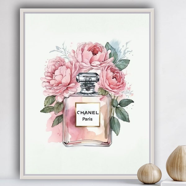 Instantly Downloadable Digital Illustration - Watercolor Peony and Chanel Perfume Bottle Fashion Illustrations for Wall Art Decor, Interior