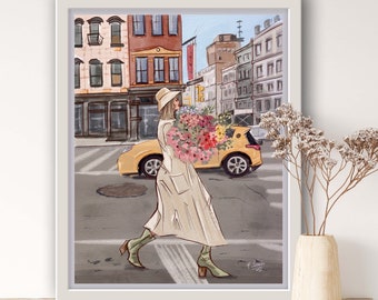 City Bloom : Illustration de mode d'une fille avec des fleurs marchant dans la ville moderne - Téléchargement instantané numérique pour décor d'art mural imprimable