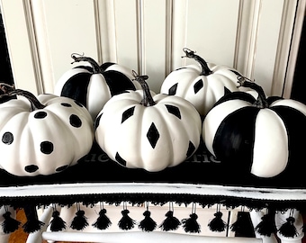 pumpkins, black and white, stripes, diamonds or polka dots, set of three