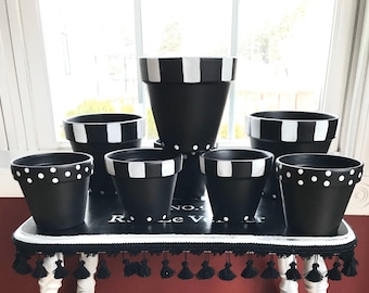 Black and white garden pots, mix and match sizes and patterns to create a set of flower pots