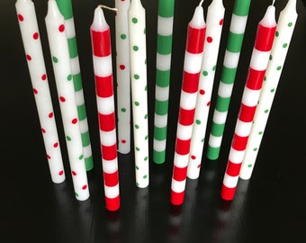 Christmas tapers, Christmas Striped or polka dot taper candles, set of 2 tapers