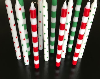 Hand Painted Christmas Taper Candles: Polka Dot or Stripes Holiday Decor (Set of 2)